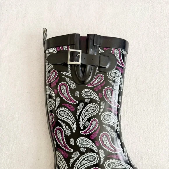 Paisley Rubber Rain Boots Black Purple - Picture 7 of 13